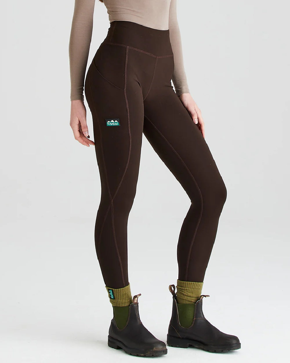 Deep Bark coloured Ridgeline Ladies Infinity Leggings on grey background 