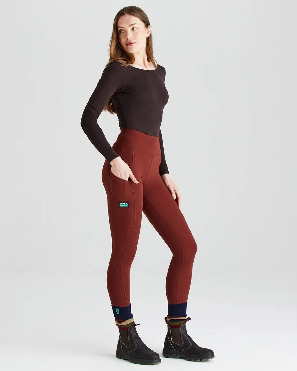 Oxblood coloured Ridgeline Ladies Infinity Leggings on grey background 
