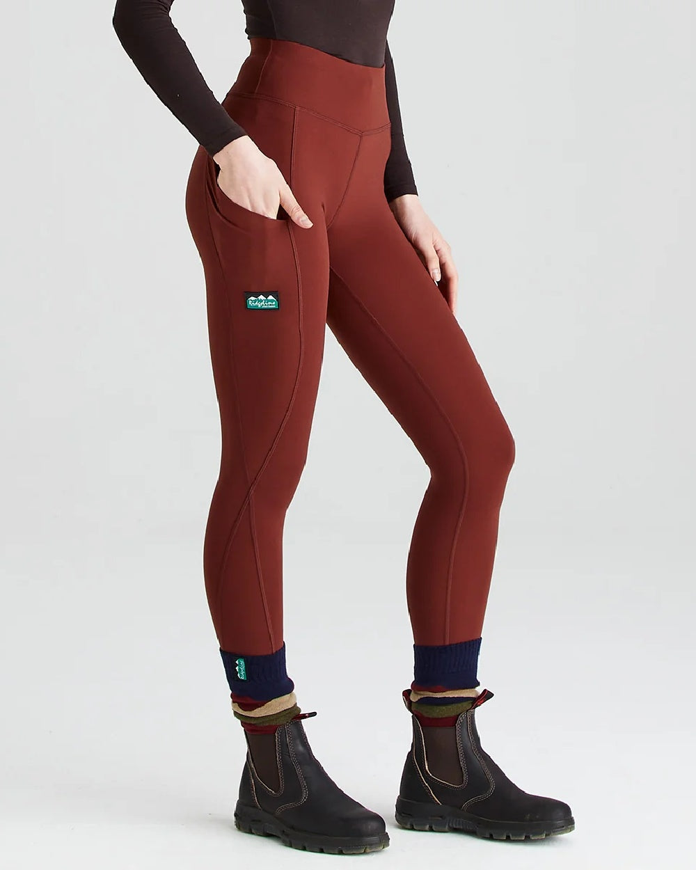 Oxblood coloured Ridgeline Ladies Infinity Leggings on grey background 