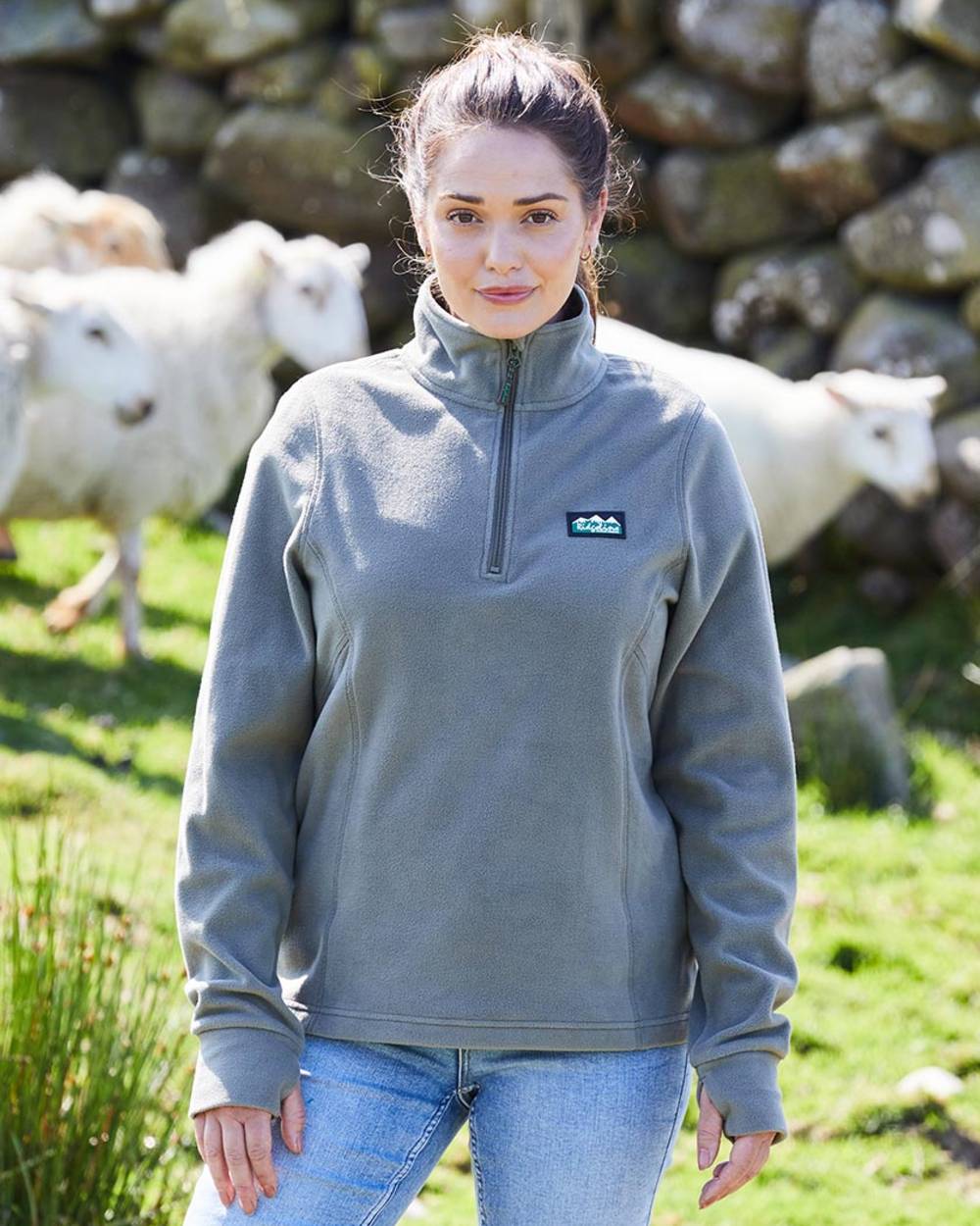Smokey Olive coloured Ridgeline Ladies Narvik Fleece on mountain background 