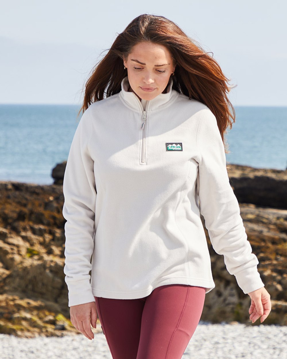 Stone coloured Ridgeline Ladies Narvik Fleece on sea background 