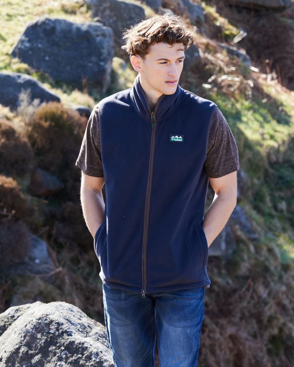 Navy Coloured Ridgeline Mens Kodiak Gilet on hilly background 