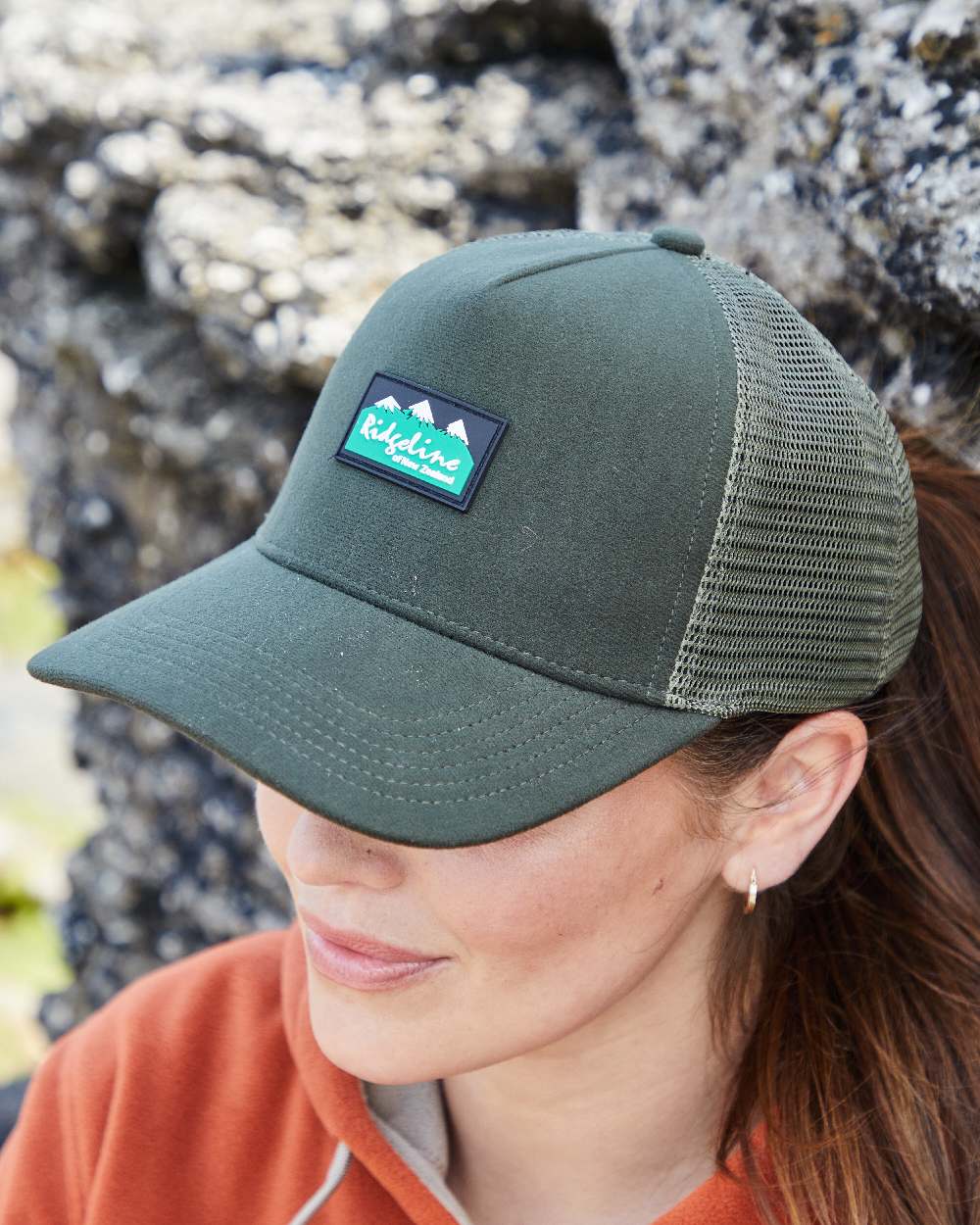 Deep Forest Coloured Ridgeline Monsoon Trucker Cap on outdoor background  