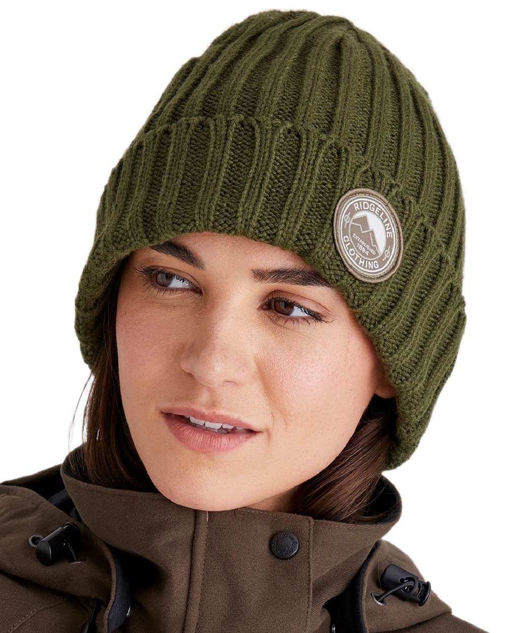 Olive Coloured Ridgeline Original Knitted Beanie on white background 