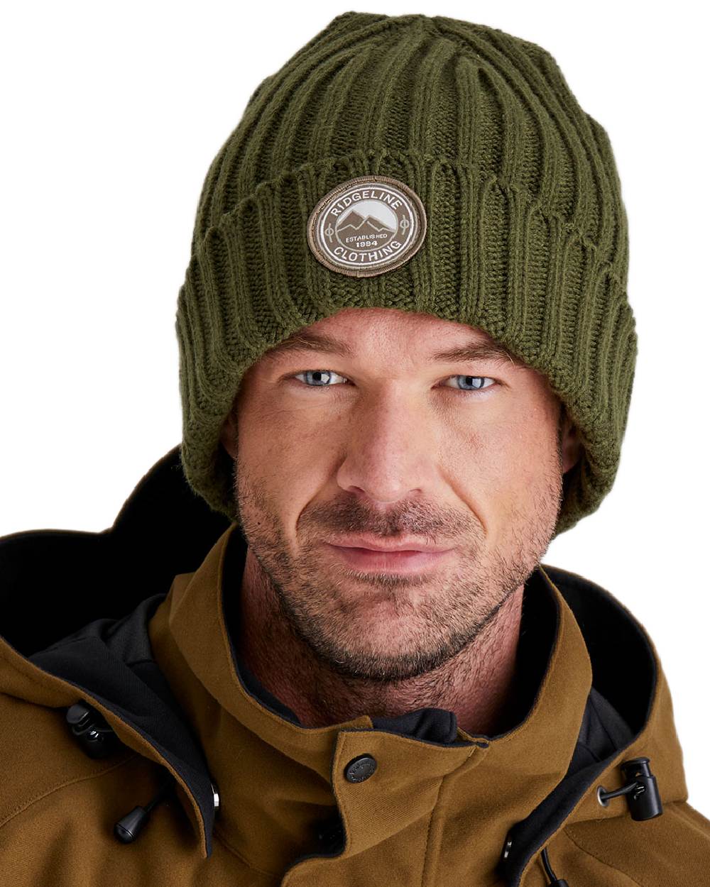 Olive Coloured Ridgeline Original Knitted Beanie on white background 
