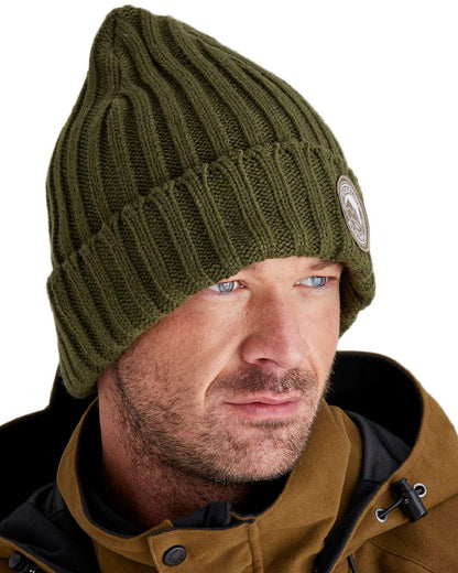 Olive Coloured Ridgeline Original Knitted Beanie on white background 