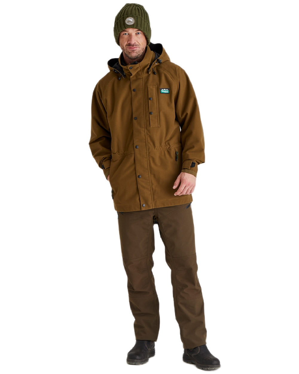 Olive Coloured Ridgeline Original Knitted Beanie on white background 