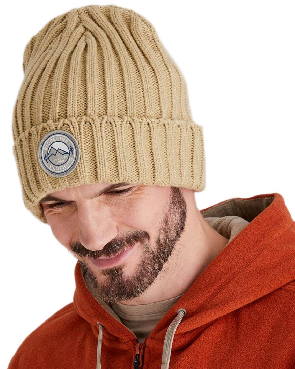Stone Coloured Ridgeline Original Knitted Beanie on white background 