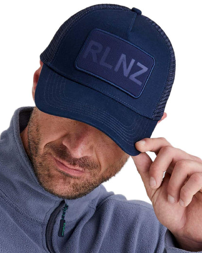 Navy Coloured Ridgeline RLNZ Trucker Cap on white background 