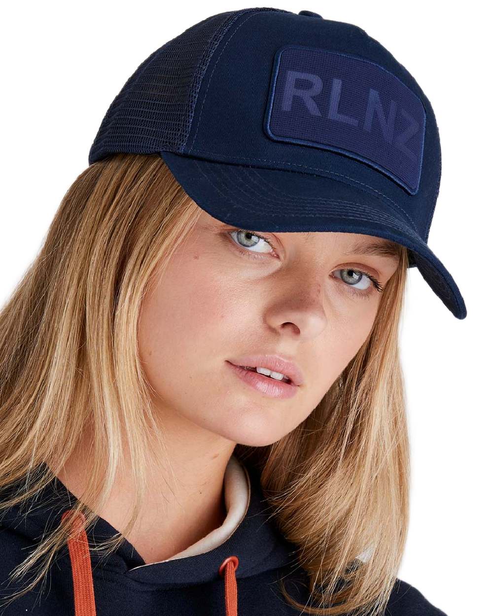 Navy Coloured Ridgeline RLNZ Trucker Cap on white background 