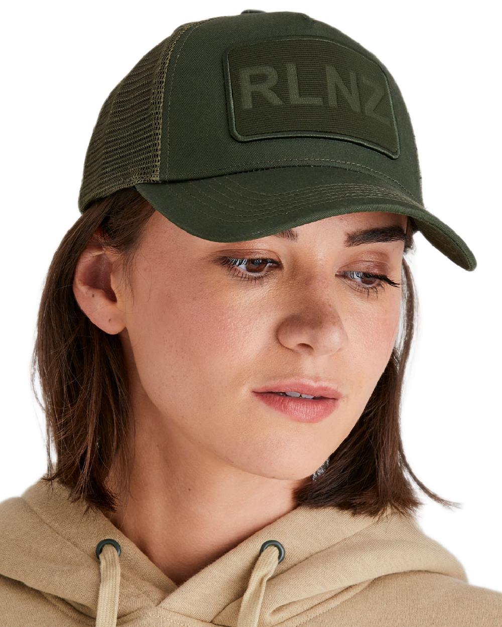 Olive Coloured Ridgeline RLNZ Trucker Cap on white background 