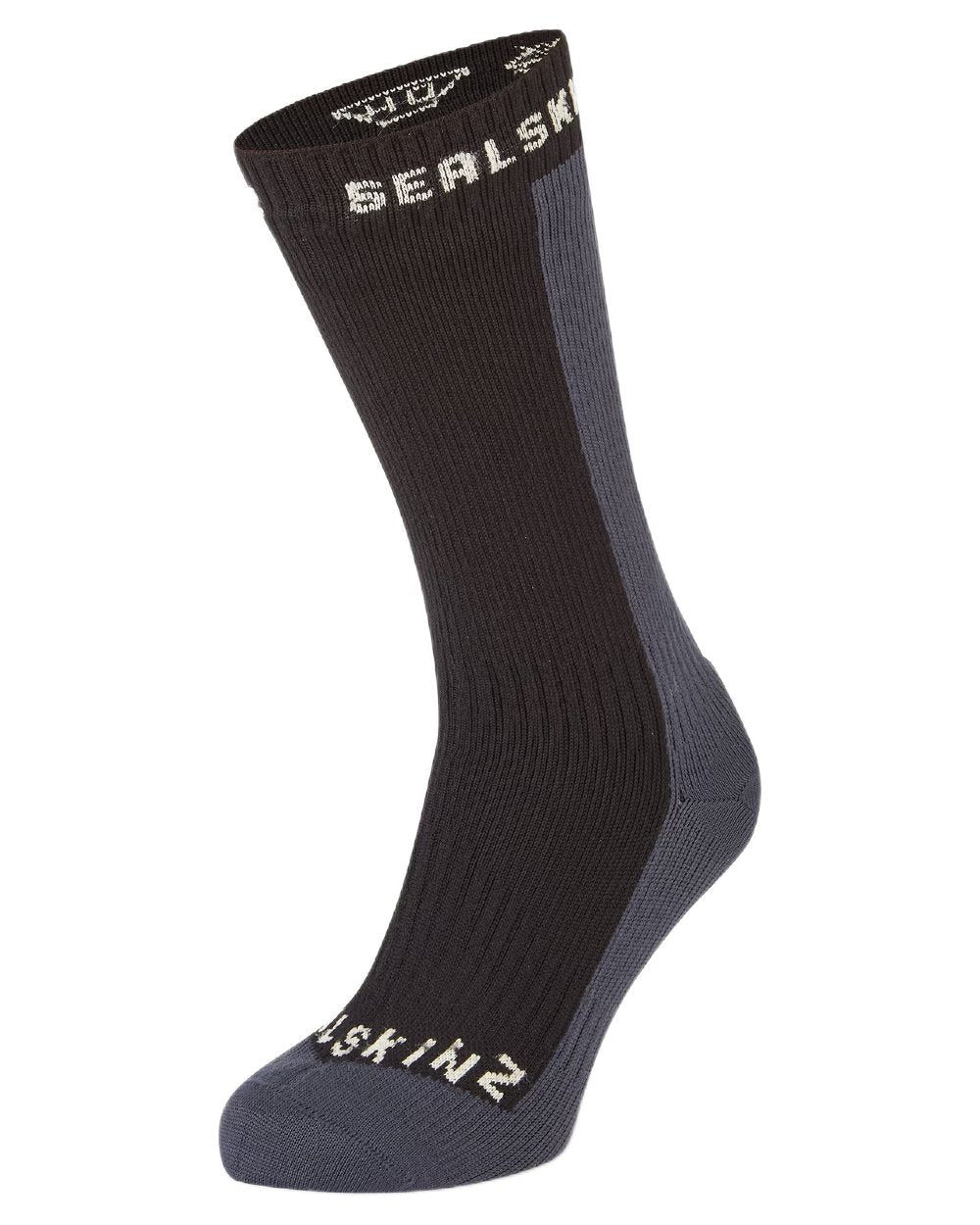 Black Coloured Sealskinz Starston Waterproof Cold Weather Mid Length Sock on white background 