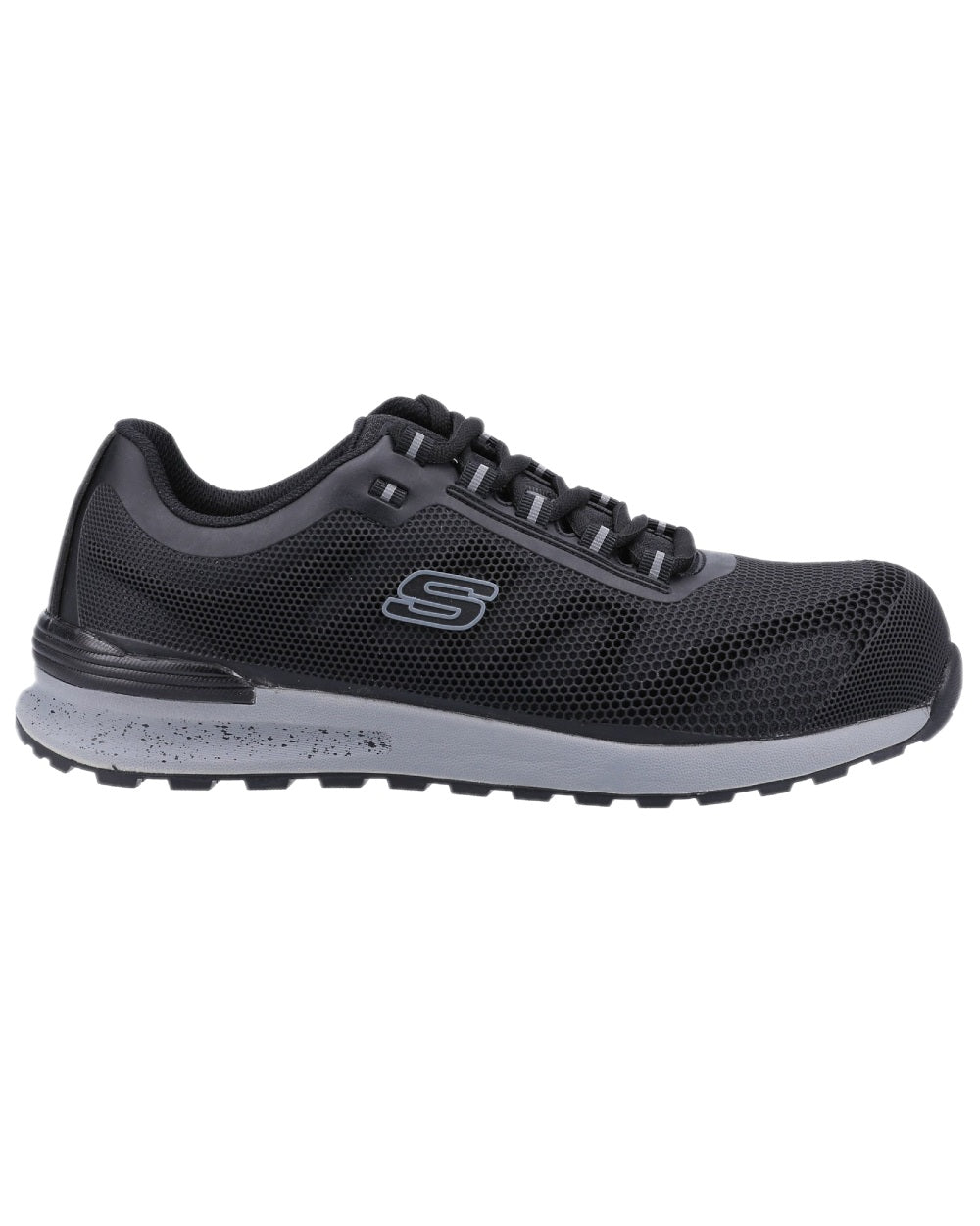 Black Coloured Skechers Workwear Mens Bulklin Bragoo Safety Trainers on indoor background 