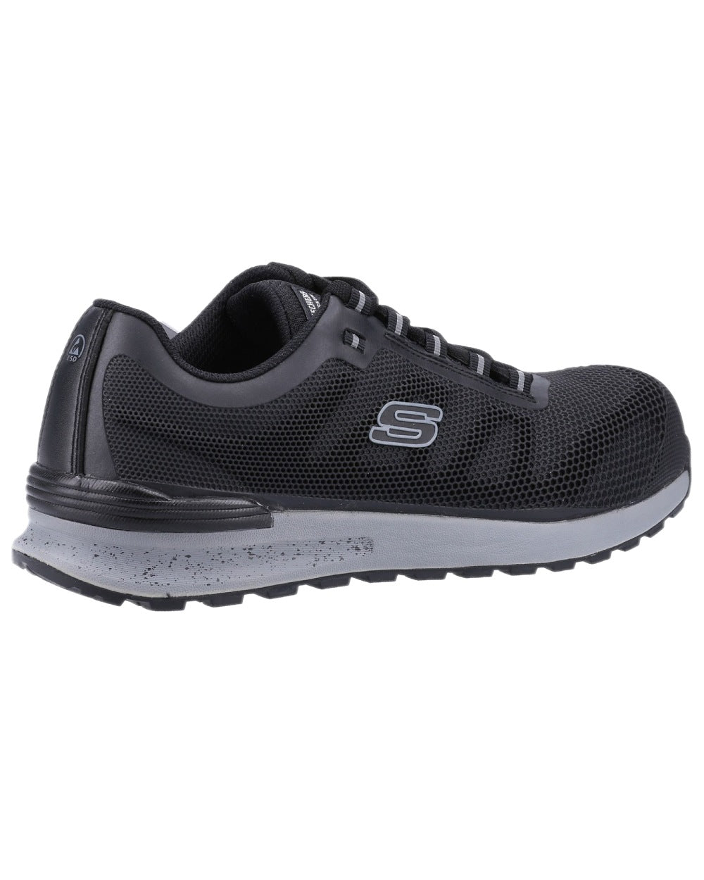 Black Coloured Skechers Workwear Mens Bulklin Bragoo Safety Trainers on indoor background 