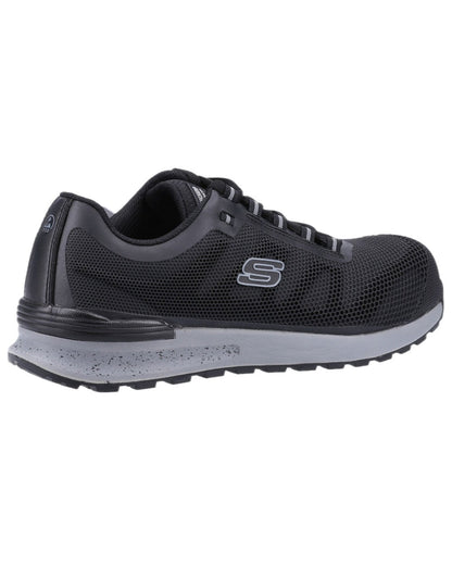 Black Coloured Skechers Workwear Mens Bulklin Bragoo Safety Trainers on indoor background 