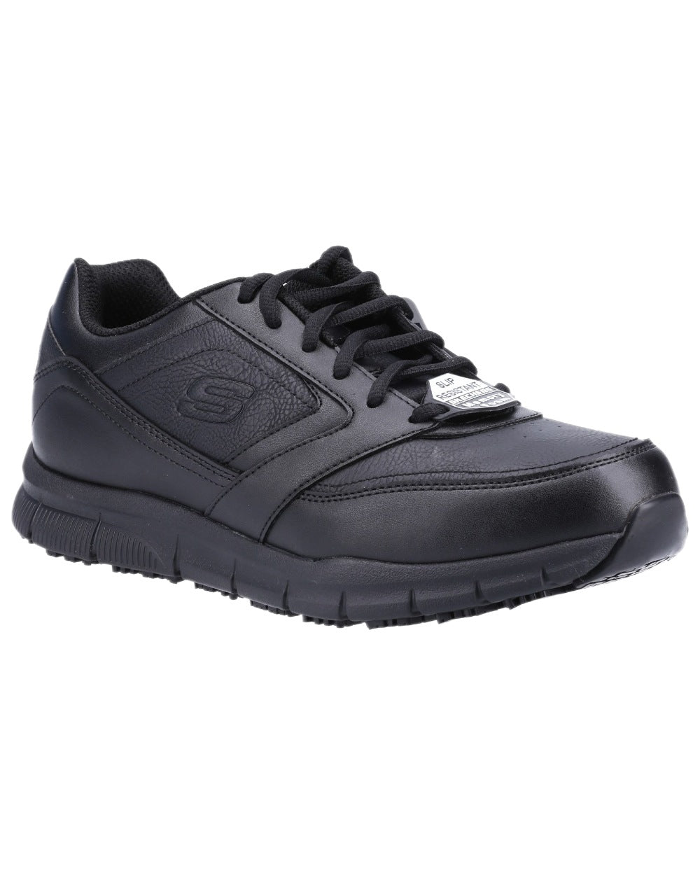 Black Coloured Skechers Workwear Mens Nampa Occupational Trainers on white background 