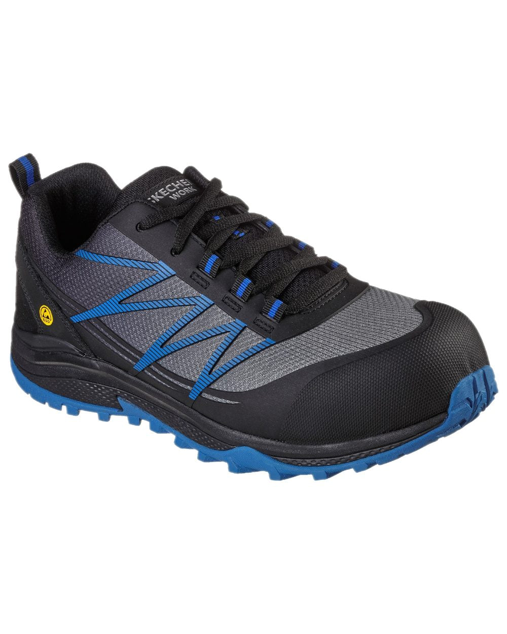Black Blue Coloured Skechers Workwear Mens Puxal Safety Trainers on white background 