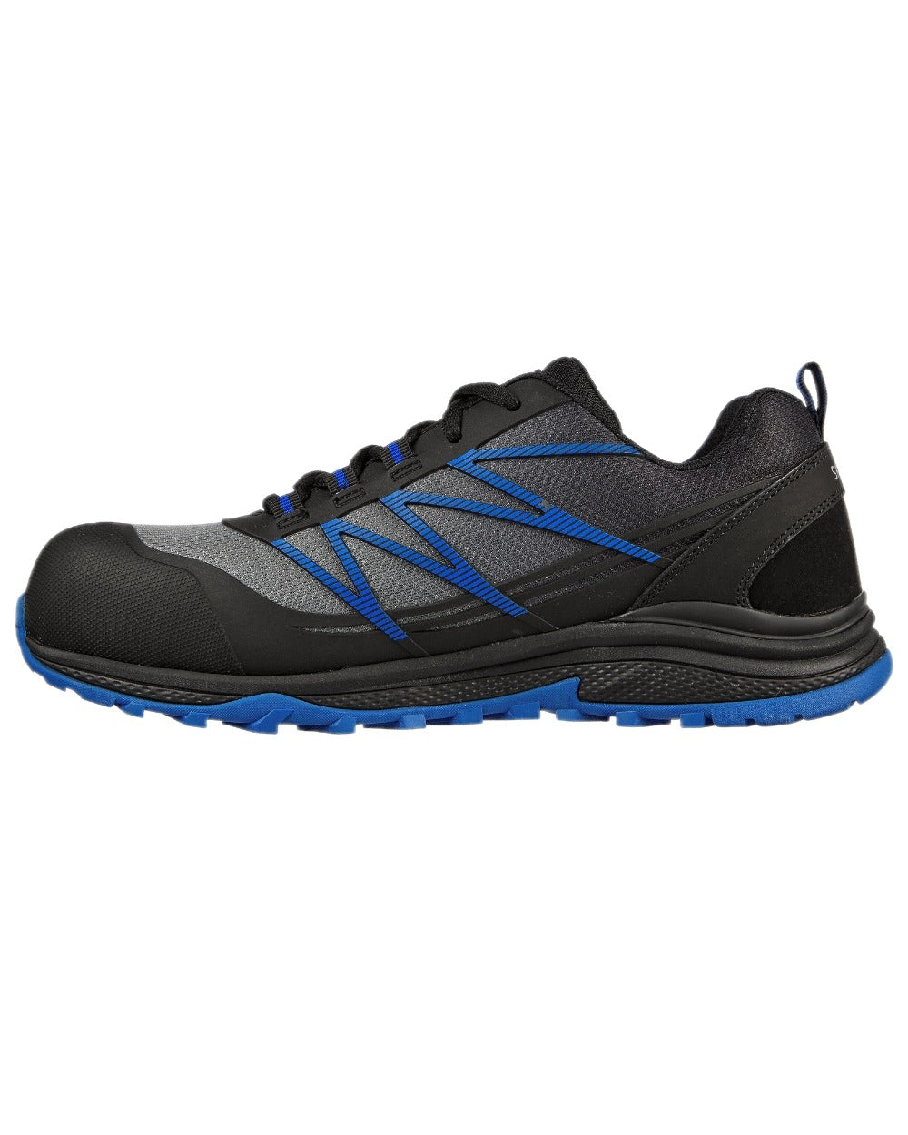 Black Blue Coloured Skechers Workwear Mens Puxal Safety Trainers on white background 