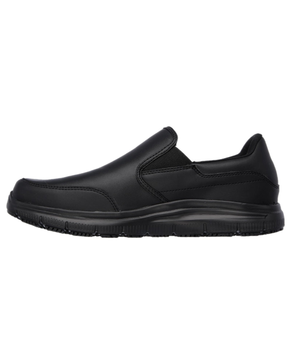 Black Coloured Skechers Workwear Mens Slip-Resistant Flex Advantage Bronwood Shoes on white background 
