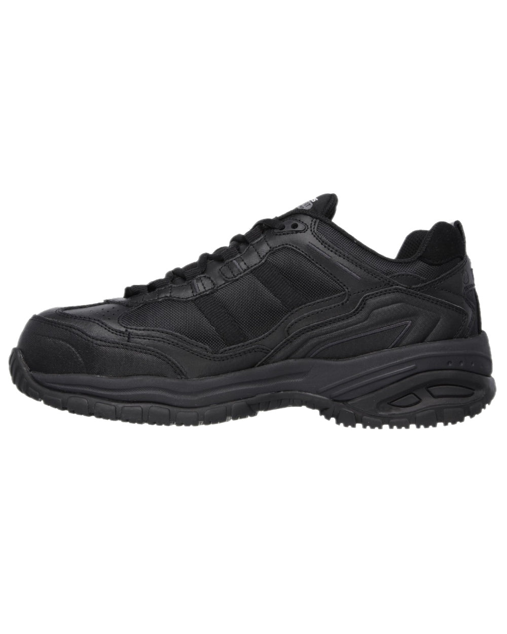 Black Coloured Skechers Workwear Mens Soft Stride Grinnell Safety Shoes on white background 