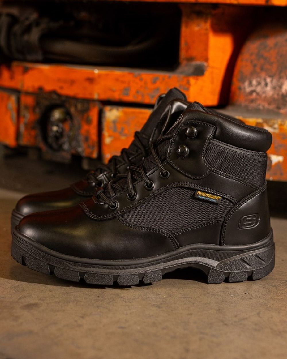 Black Coloured Skechers Workwear Mens Wascana Benen Waterproof Tactical Boots on outdoor background 