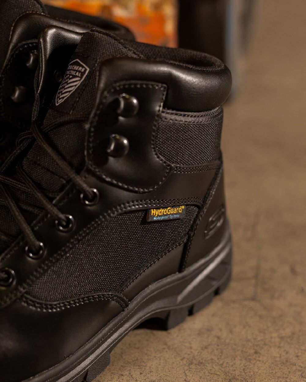 Black Coloured Skechers Workwear Mens Wascana Benen Waterproof Tactical Boots on outdoor background 