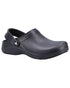 Black Coloured Skechers Workwear Womens Riverbound Pasay Clogs on white background 