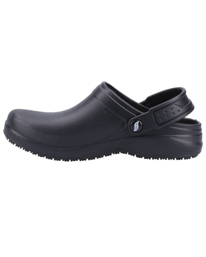 Black Coloured Skechers Workwear Womens Riverbound Pasay Clogs on white background 
