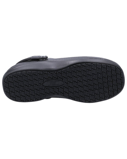 Black Coloured Skechers Workwear Womens Riverbound Pasay Clogs on white background 