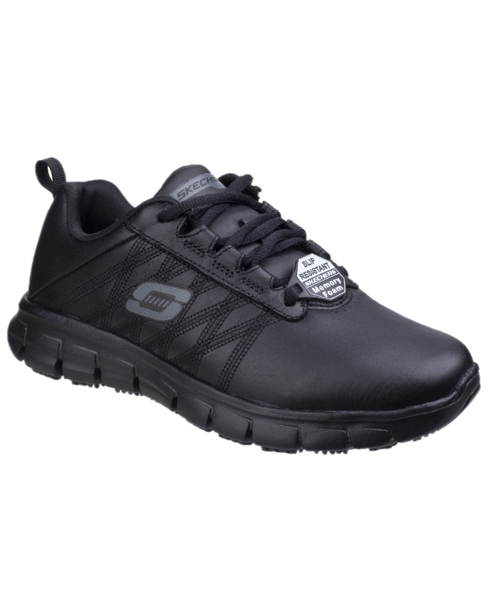 Black Coloured Skechers Workwear Womens Sure Track Erath Work Shoes on white background 