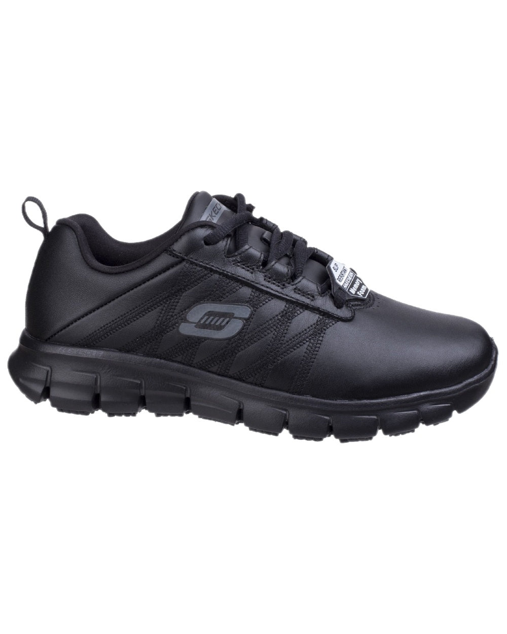 Black Coloured Skechers Workwear Womens Sure Track Erath Work Shoes on white background 
