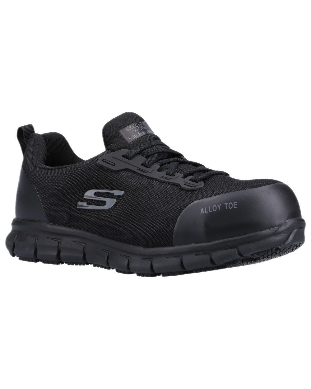 Black Coloured Skechers Workwear Womens Sure Track Jixie Safety Trainers on white background 