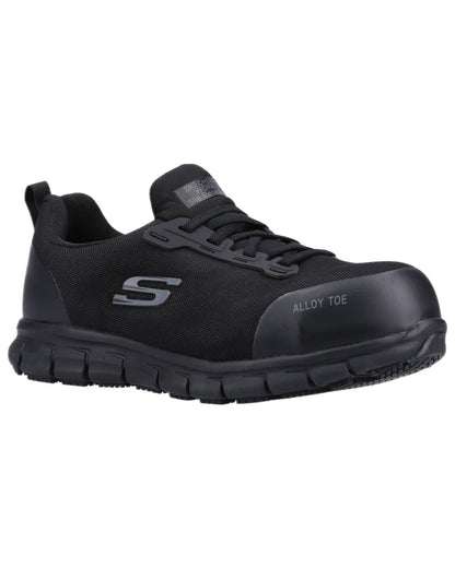 Black Coloured Skechers Workwear Womens Sure Track Jixie Safety Trainers on white background 