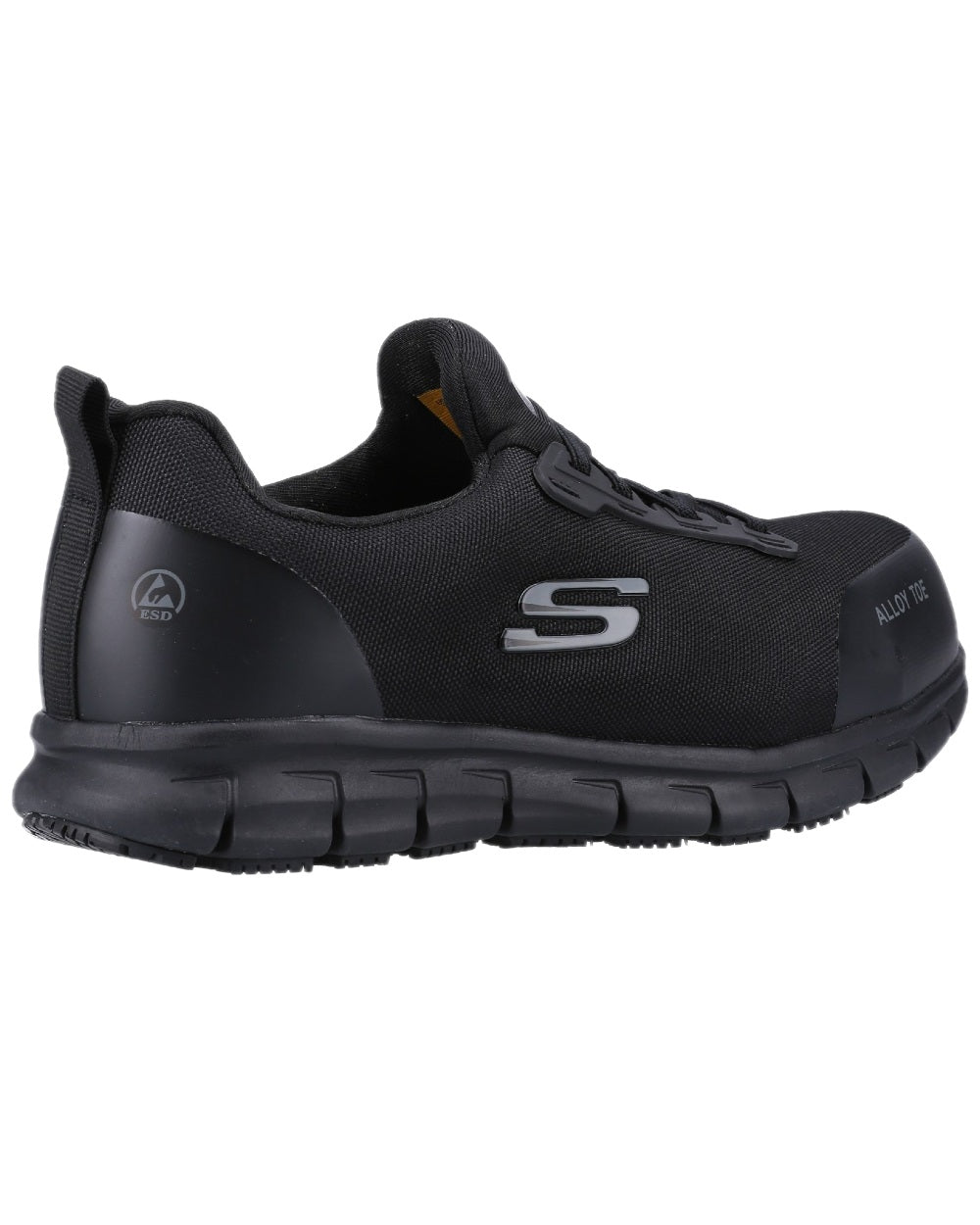 Black Coloured Skechers Workwear Womens Sure Track Jixie Safety Trainers on white background 
