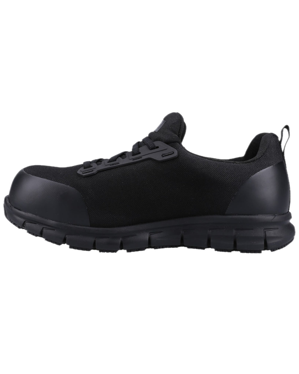 Black Coloured Skechers Workwear Womens Sure Track Jixie Safety Trainers on white background 
