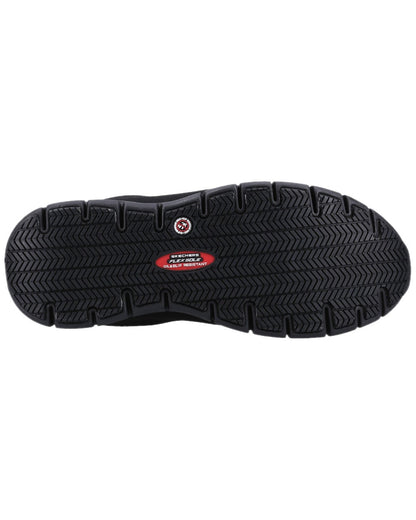 Black Coloured Skechers Workwear Womens Sure Track Jixie Safety Trainers on white background 
