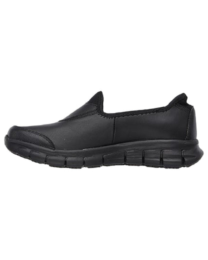 Black Coloured Skechers Workwear Womens Sure Track Slip Resistant Occupational Shoes on white background 