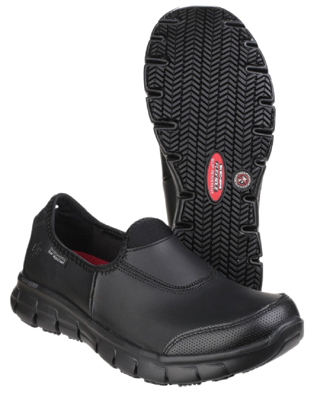 Black Coloured Skechers Workwear Womens Sure Track Slip Resistant Occupational Shoes on white background 