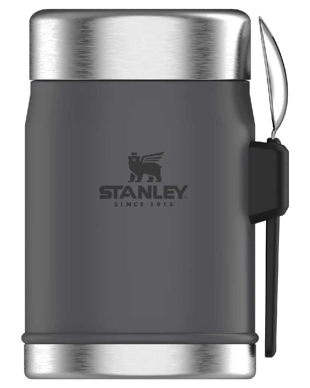 Charcoal coloured Stanley Classic Legendary Food Jar and Spork 0.4L on white background 