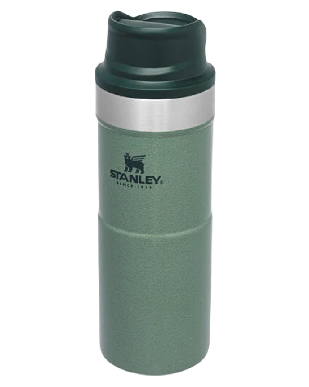 Hammertone Green coloured Stanley Classic Trigger Action Travel Mug 0.35L on white background 