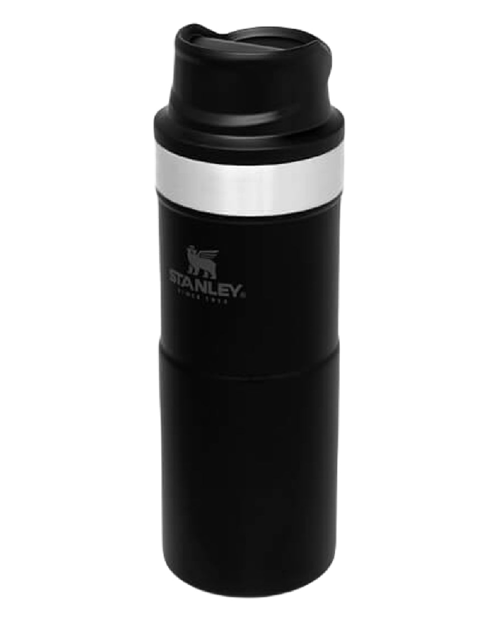 Matte Black coloured Stanley Classic Trigger Action Travel Mug 0.35L on white background 