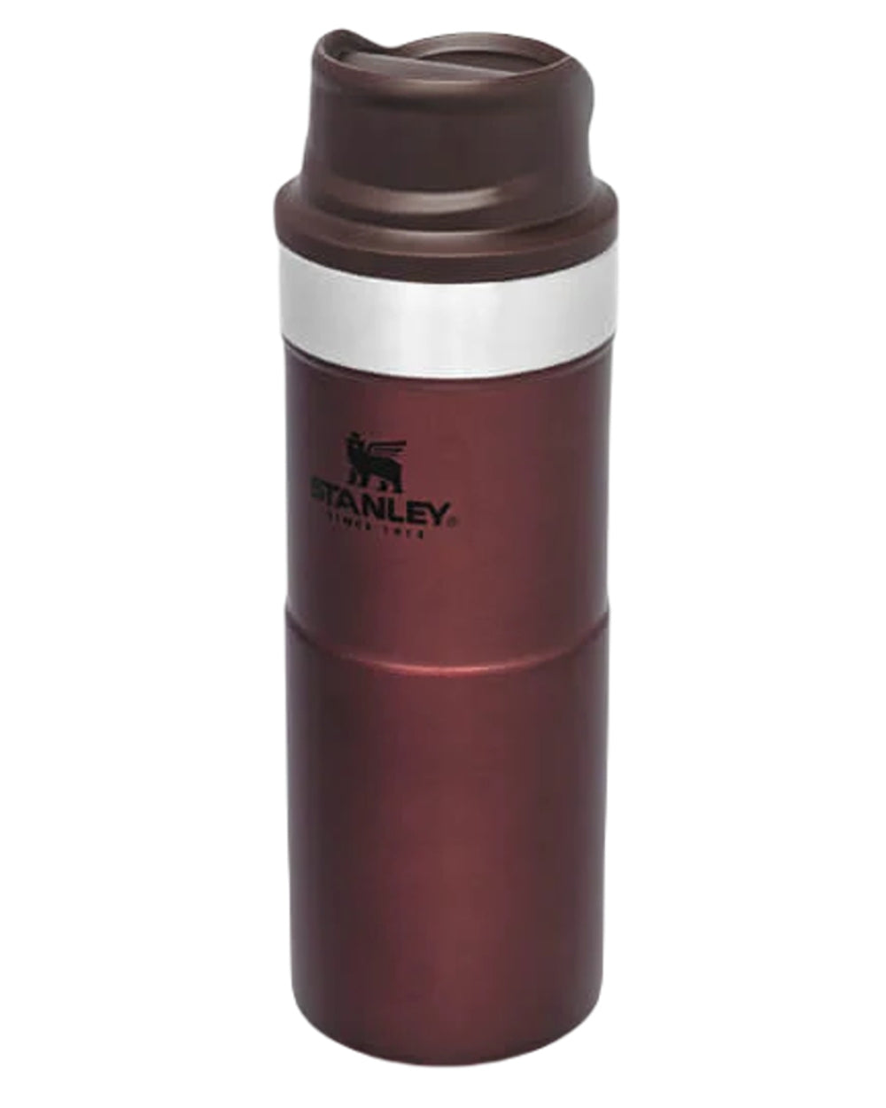 Wine coloured Stanley Classic Trigger Action Travel Mug 0.35L on white background 