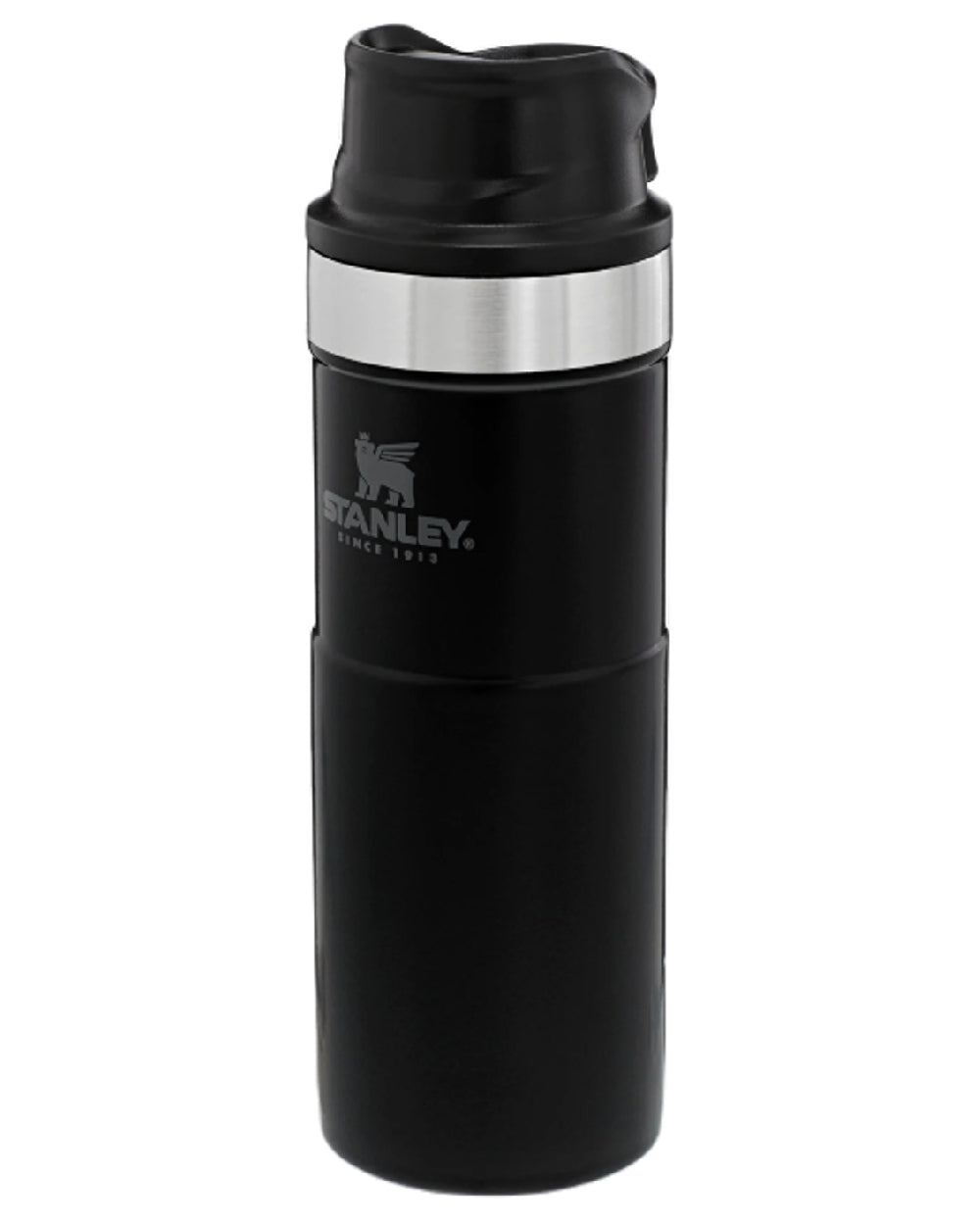 Matte Black coloured Stanley Classic Trigger Action Travel Mug 0.47L on white background 