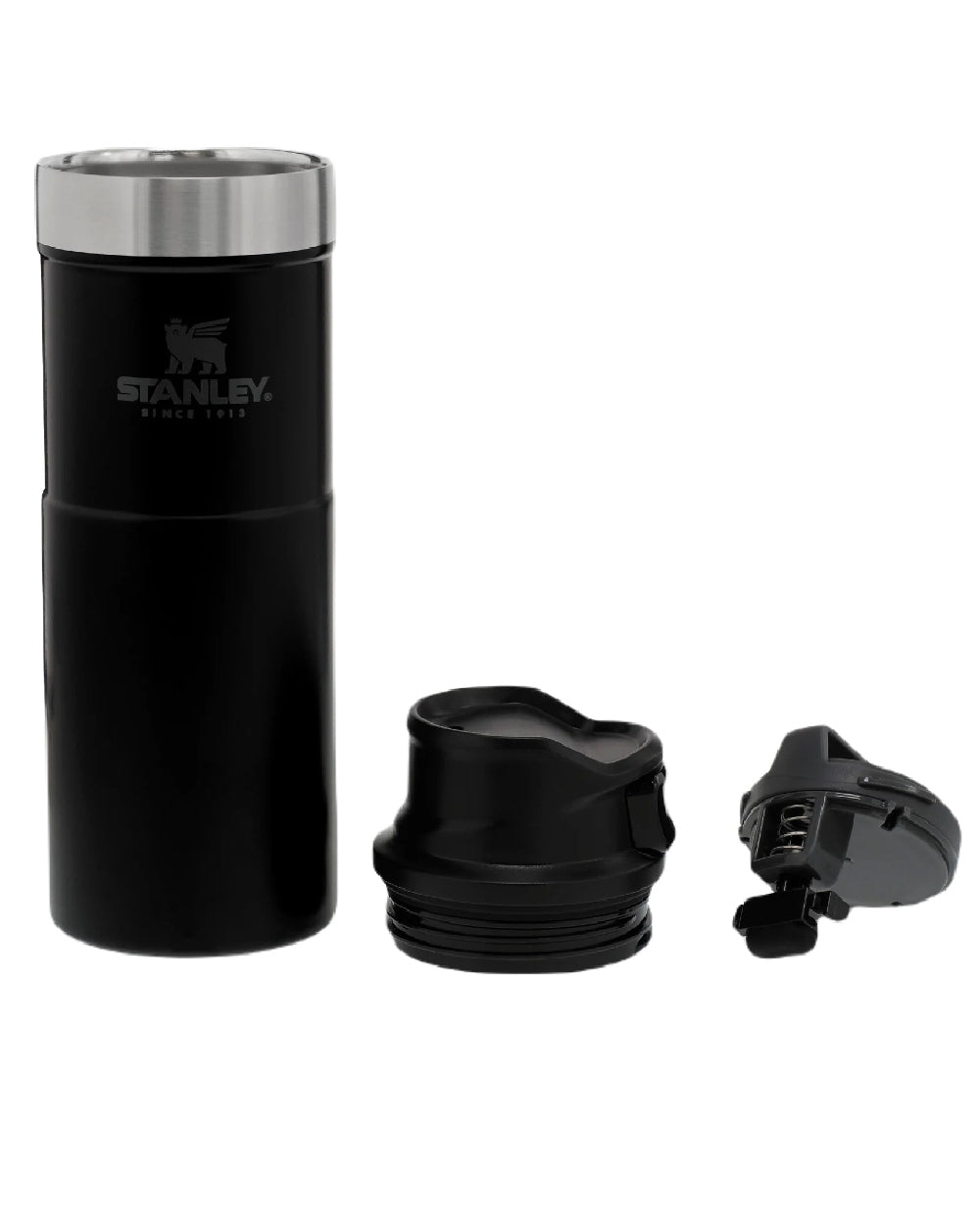 Matte Black coloured Stanley Classic Trigger Action Travel Mug 0.47L on white background 