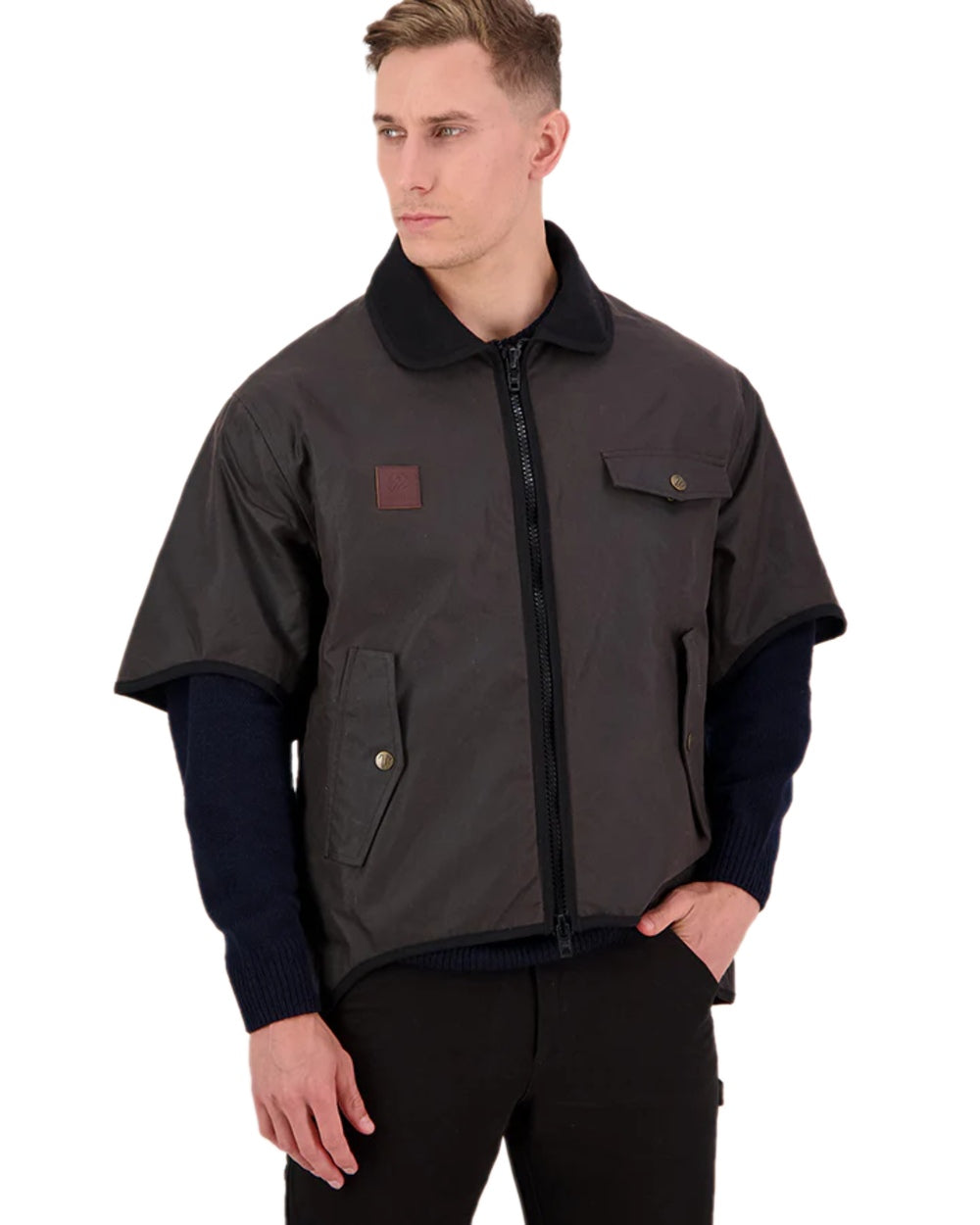 Brown Coloured Swanndri Mens 3/4 Sleeve Oilskin Jacket on white background 