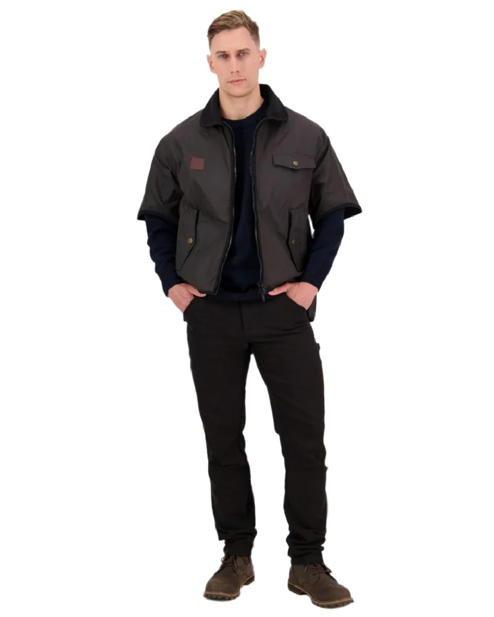 Brown Coloured Swanndri Mens 3/4 Sleeve Oilskin Jacket on white background 