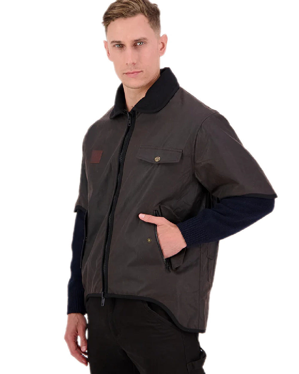 Brown Coloured Swanndri Mens 3/4 Sleeve Oilskin Jacket on white background 
