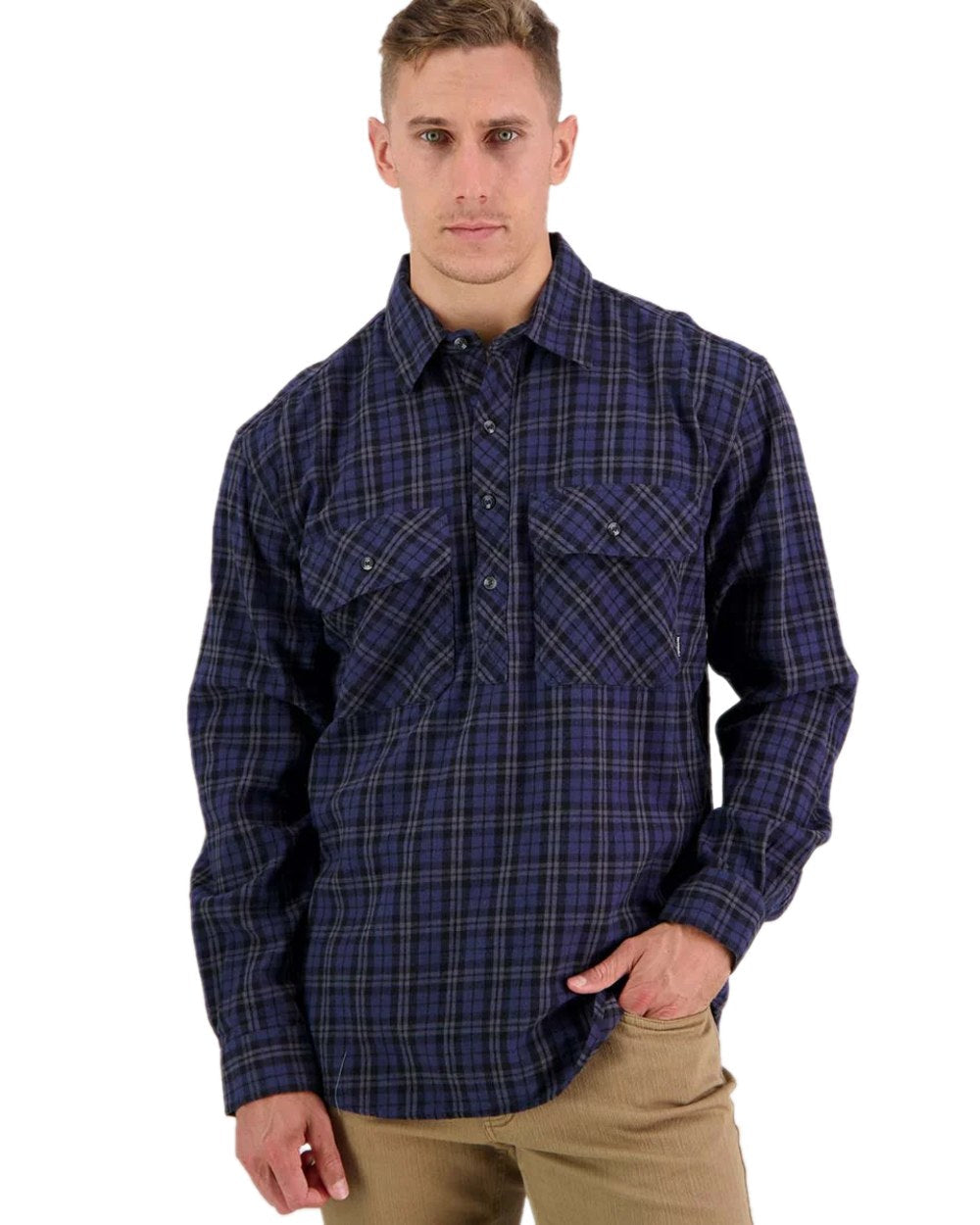 Blue Coloured Swanndri Mens Barn Shirt on white background 