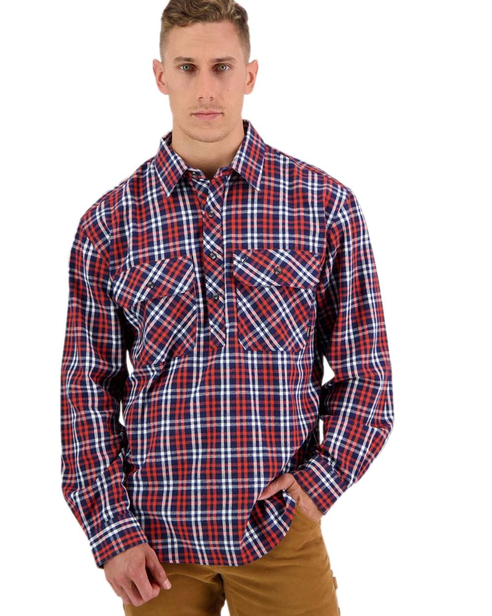Orange Coloured Swanndri Mens Barn Shirt on white background 
