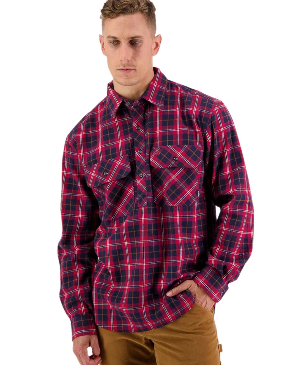 Red Coloured Swanndri Mens Barn Shirt on white background 